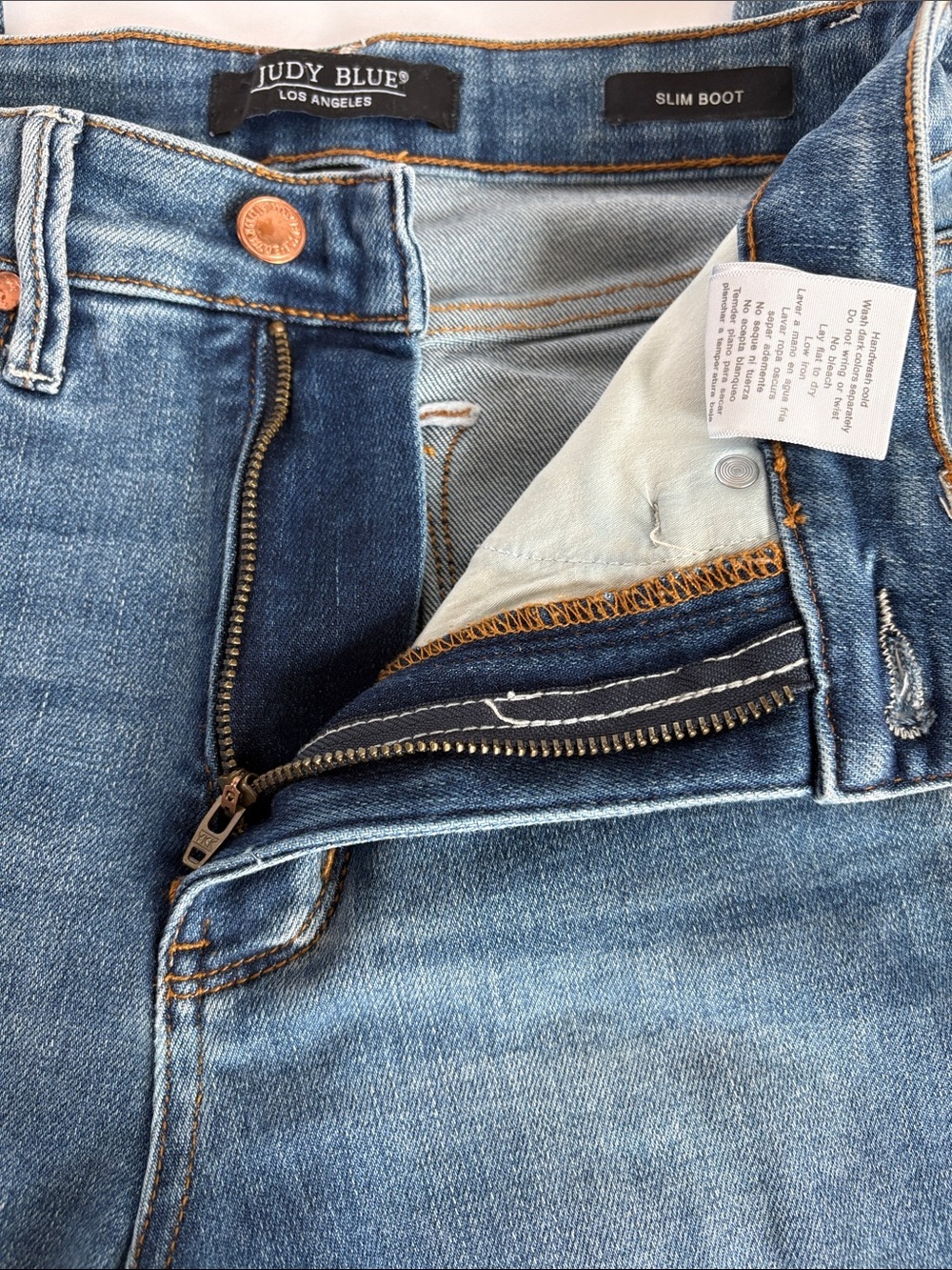 Judy Blue High Waist Slim Boot Cut unfinished hem 5 pocket zip close blue jean - Picture 7 of 16